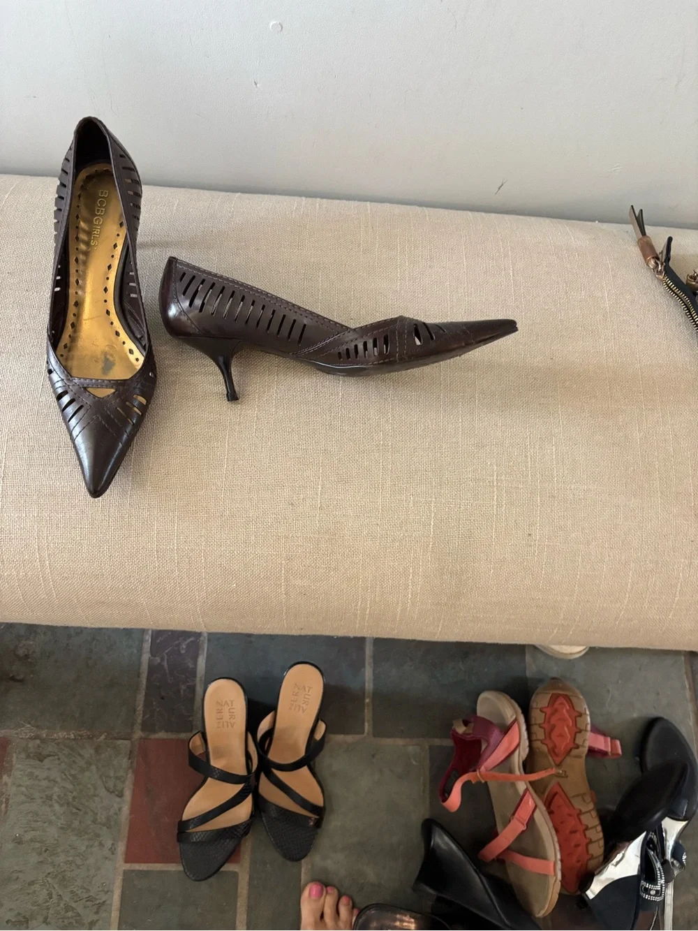 BCBGirls Brown Leather Cutout Slip-On with Gold Insole